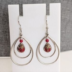 Vintage Silver Tone Bohemian Style Teardrop Lady Bug Charm Layered Earrings